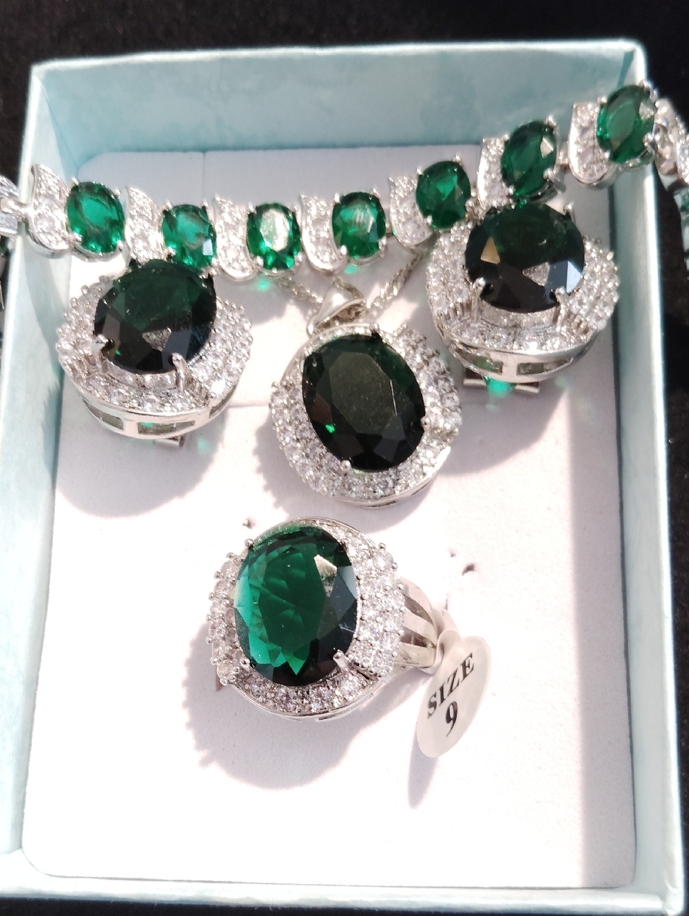 Silver 6 Piece Emerald Green Oval CZ Halo Ring and Necklace Set - Size 9
